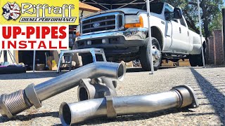 2001 F350 73  RiffRaff UpPipes Install  Stock up pipes leaking and falling apart JUNK SP [upl. by Davine487]